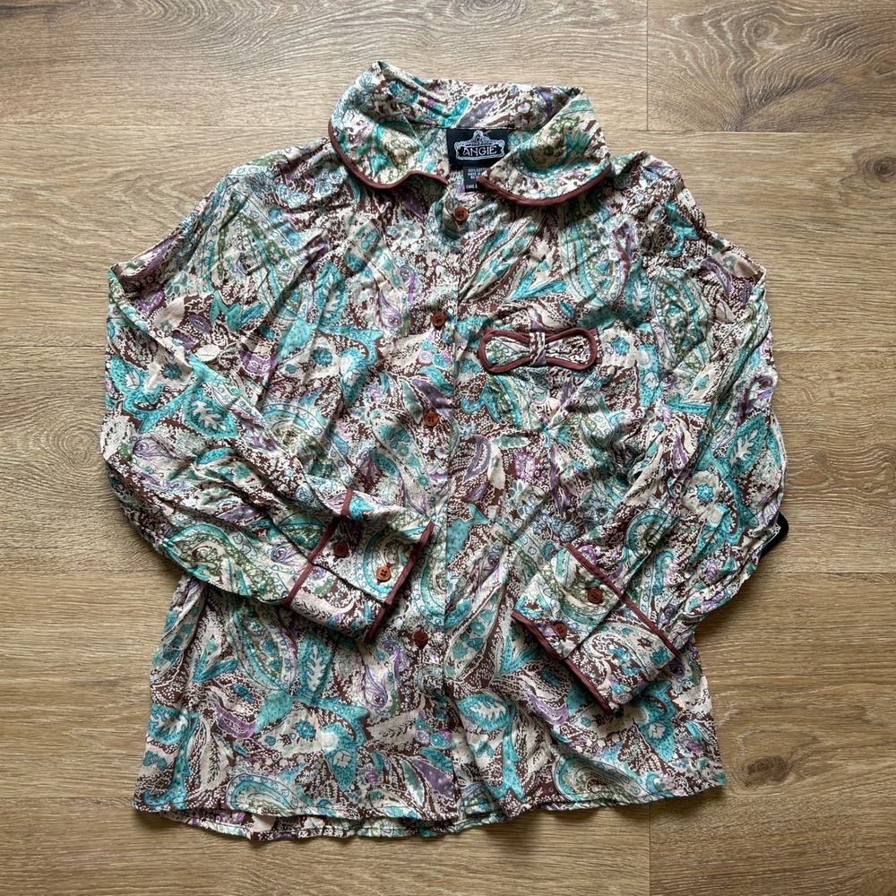Angie Women Paisley Cotton Button Down Shirt Peter Pan Collar Bow Pocket Large